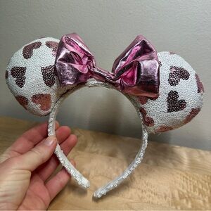 Minnie Mouse Disney Ears Headband Sequined White With Pink Hearts, Pink Bow